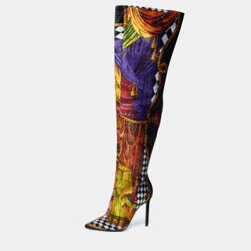 Pre Owned Versace Multicolor Velvet Pointed Toe Over The Knee Boots Size 37