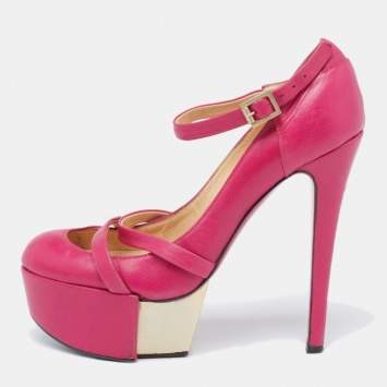 مملوكة مسبقًا Versace Pink Leather Platform Mary Jane  Pumps Size 36