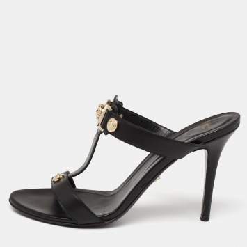 Pre Owned Versace Black Leather Medusa Slide Sandals Size 40