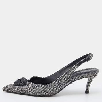 مملوكة مسبقًا Versace Black/White Houndstooth Fabric Palazzo Medusa Slingback Sandals Size 40