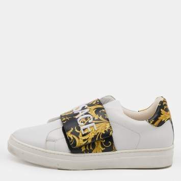 Pre Owned Versace White Leather Baroque Printed Logo Low Top Sneakers Size 39