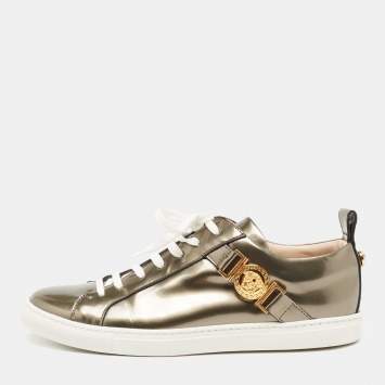 Pre Owned Versace Metallic Bronze Patent Medusa Embellished Low Top Sneakers Size 38