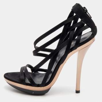 Pre Owned Versace Black Satin Strappy Sandals Size 37