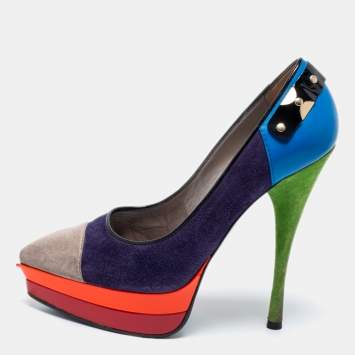 Pre Owned Versace Multicolor Suede And Leather Pointed Toe Platform Pumps Size 36