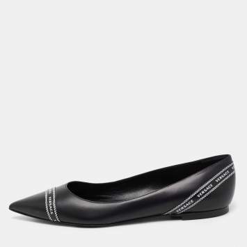 Pre Owned Versace Black Leather Logo Tape Detail Pointed Toe Ballet Flats Size 38.5