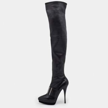 Pre Owned Versace Black Leather Platform Thigh High Boots Size 41