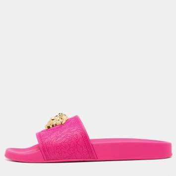 Pre Owned Versace Fuchsia Rubber Palazzo Pool Slides Size 41