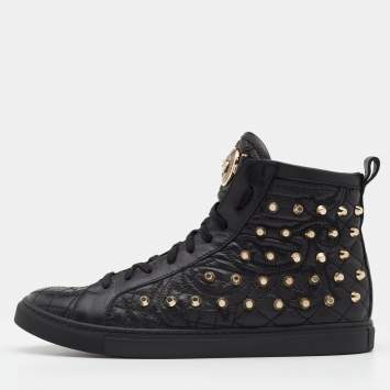 Pre Owned Versace Black Quilted Leather Medusa Studded High Top Sneakers Size 37.5