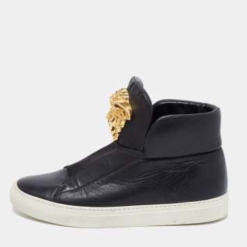 Pre Owned Versace Black Leather Medusa Palazzo Slip On High Top Sneakers Size 40