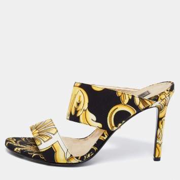 Pre Owned Versace Black Baroque Print Canvas Tribute Sandals Size 38