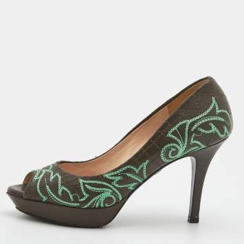 Pre Owned Versace Olive Brown Embroidered Leather Peep Toe Platform Pumps Size 36