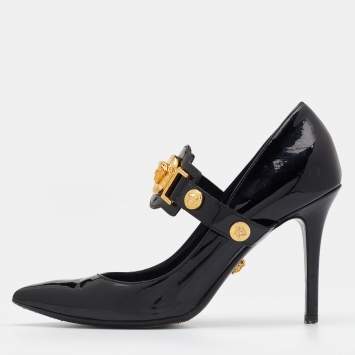 Pre Owned Versace Black Patent Leather Medusa Embellished Mary Jane Pumps Size 36