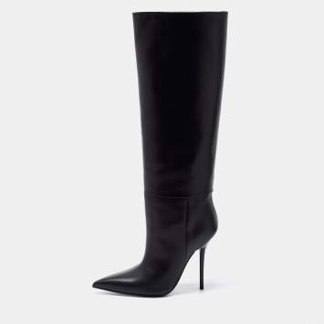 Pre Owned Versace Black Leather Knee Length Boots Size 38