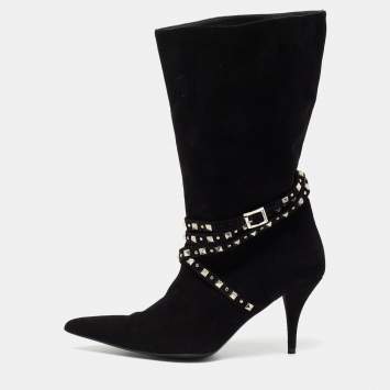 Pre Owned Versace Black Suede Studded Mid Calf Boots Size 38