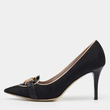 Pre Owned Versace Black Fabric And Patent Leather Medusa Pointed Toe Pumps Size 38.5