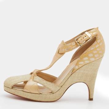 Pre Owned Versace Beige Croc Embossed Leather And Raffia Ankle Strap Platform Sandals Size 38