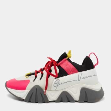 Pre Owned Versace Multicolor Nubuck Leather And Knit Fabric Squalo Low Top Sneakers Size 39.5
