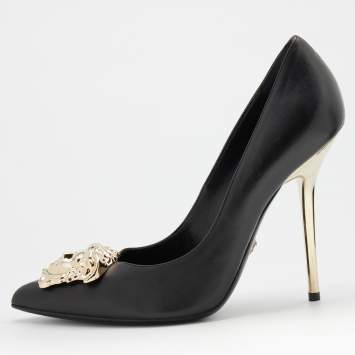Pre Owned Versace Black Leather Palazzo Medusa Pointed Toe Pumps Size 38