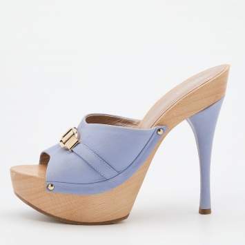 Pre Owned Versace Light Blue Leather Wooden Platform Clogs Size 38.5