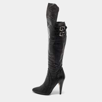 Pre Owned Versace Black Leather Knee Length  Boots Size 39