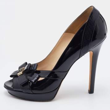 Pre Owned Versace Black Patent Leather Open Toe Platform Pumps SIze 37