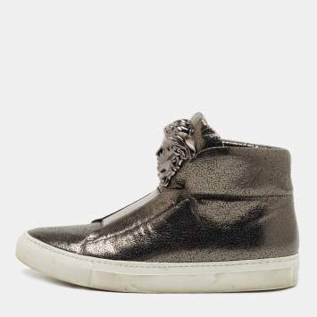 Pre Owned Versace Metallic Grey Laminated Suede Medusa High Top Sneakers Size 35.5