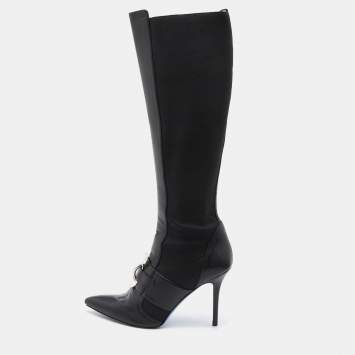 Pre Owned Versace Black Stretch Fabric and Leather Knee Length Boots Size 41