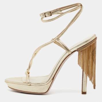 Pre Owned Versace Gold Leather Fringe Heel Ankle Wrap Sandals Size 37