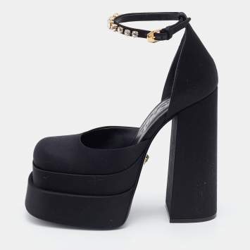 Pre Owned Versace Black Satin Medusa Aevitas Double Platform Pumps Size 38