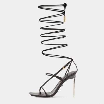 Pre Owned Versace Black Leather Thong Lace Up Sandals Size 38