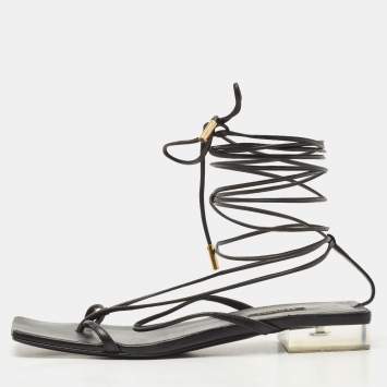Pre Owned Versace Black Leather Lace Up Thong Sandals Size 38