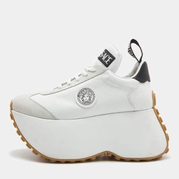 Pre Owned Versace White Leather and Suede Medusa Charm Detail Platform Sneakers Size 37.5