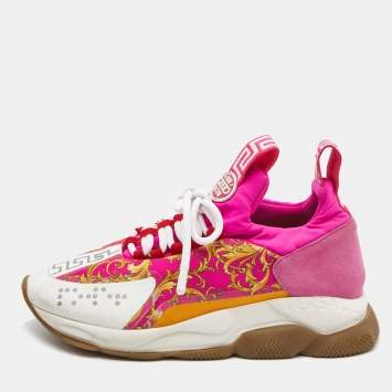 Pre Owned Versace Multicolor Suede and Printed Fabric Chain Reaction Low Top Sneakers Size 38