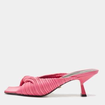 Pre Owned Versace Pink Pleated Leather Plisse Mules Size 38