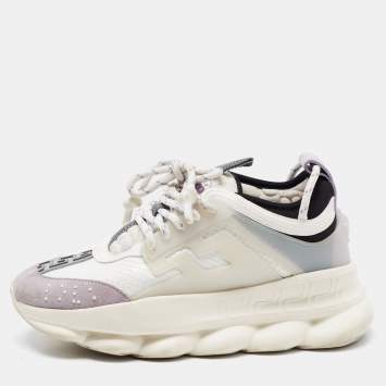 Pre Owned Versace White/Grey Mesh And Nubuck Leather Chain Reaction Sneakers Size 37