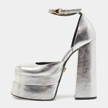 Pre Owned Versace Silver Leather Medusa Aevitas Ankle Strap Platform Pumps Size 38.5