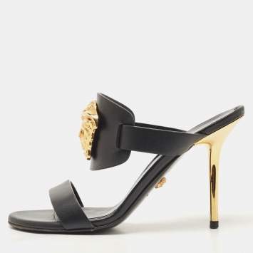 Pre Owned Versace Black Leather Medusa Slide Sandals Size 37