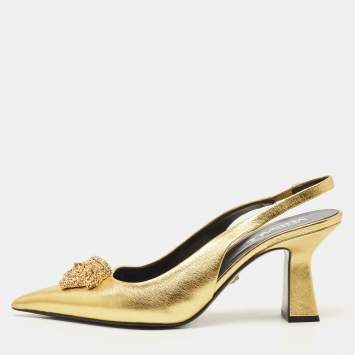Pre Owned Versace Gold Leather La Medusa Slingback Pumps Size 38