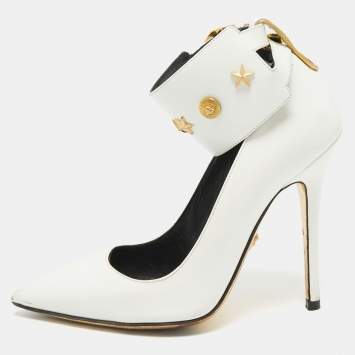 Pre Owned Versace White Leather Studded Ankle Cuff Pumps Size 37