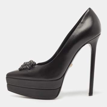 Pre Owned Versace Black Leather with Black Medusa Head Palazzo Platform Pump Size 37