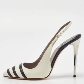 Pre Owned Versace Off White/Black Patent and Leather Slingback Pumps Size 39
