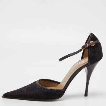 Pre Owned Versace Black Embroidered Canvas and Leather Ankle Strap Pumps Size 37