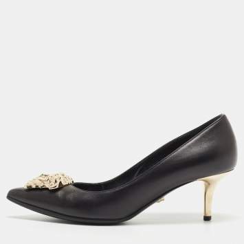 Pre Owned Versace Black Leather Medusa Pointed Toe Pumps Size 37