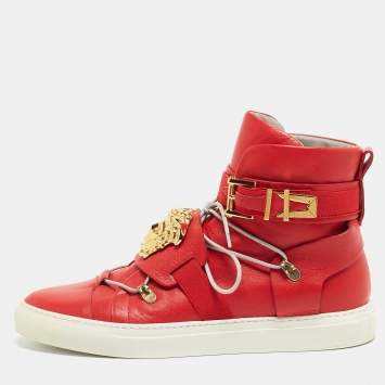 Pre Owned Versace Red Leather Medusa Strap High Top Sneakers Size 40
