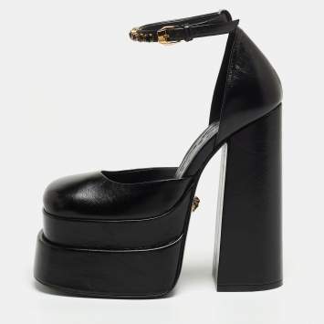 Pre Owned Versace Black Leather Medusa Aevitas Double Platform Pumps Size 35
