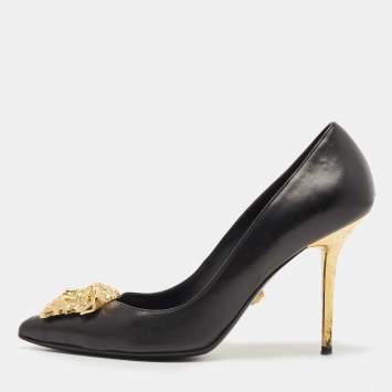 Pre Owned Versace Black Leather Medusa Head Pumps Size 38 