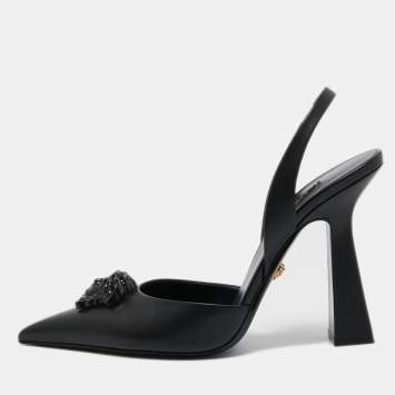 Pre Owned Versace Black Leather La Medusa Pointed Toe Slingback Pumps Size 40