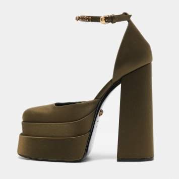 Pre Owned Versace Olive Green Satin D'Orsay Crystal Embellished Platform Block Heel Ankle Strap Pumps Size 40