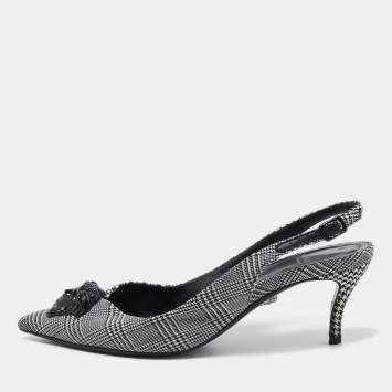 Pre Owned Versace Black/White Houndstooth Fabric Palazzo Medusa Slingback Pumps Size 37