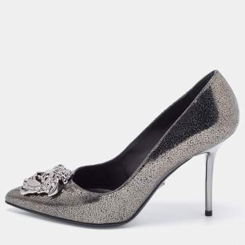 Pre Owned Versace Dark Grey/Black Leather Medusa Pointed Toe Pumps Size 37